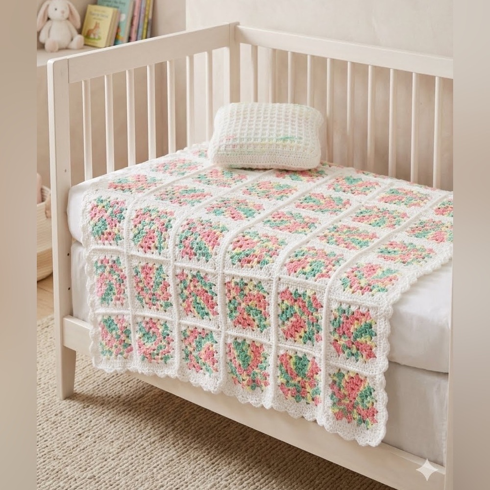 VNTG Handmade Crochet‎ Baby Blanket & Pillow Pink & Green White Pastel 50x37